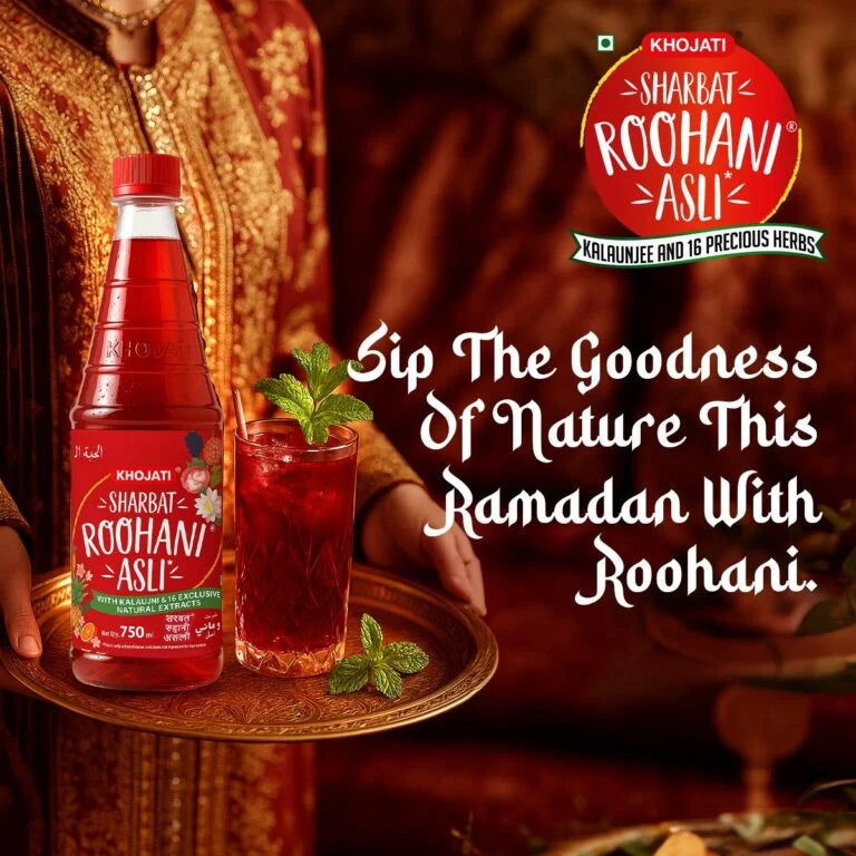 KHOJATI Sharbat Roohani Asli 750 ml – Ayurvedic Herbal Drink With Kalaunji, Tulsi & Ginseng For Refreshment & Vitality